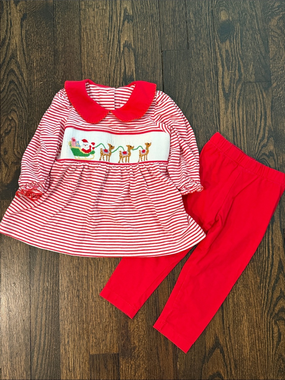 Stitchy Fish Sleigh Ride Smocked Legging Set Holiday Cotton Stripped Girl’s 18M